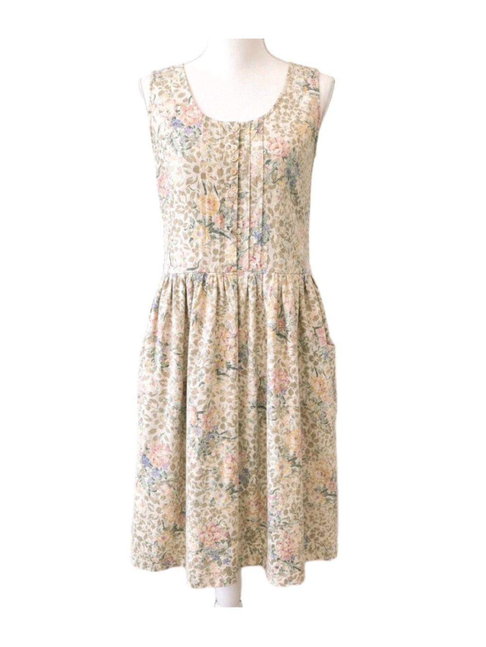 VTG Bryan Connelly Sz 6 Linen Blend Floral Cottagecore Midi Dress Pockets Button